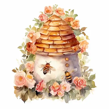watercolor beauty round beehive in a garden with roses clipart on white background