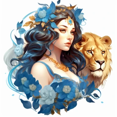 woman, zodiac sign - Leo, lion, flowers, Gilded, blue colors, high quality, clipart, white background, Artgerm