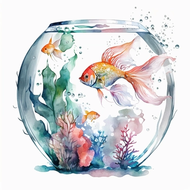 Watercolor fish inside aquarium, clipart, white background, no text