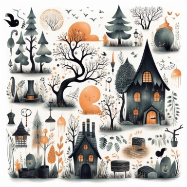 whimsical halloween clipart set, witch hut, forest trees, pumpkins, candles, ghosts, spiderweb, white background