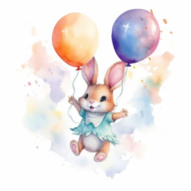 A fairytale style cute fairy baby bunny flying with a balloon with watercolor effect,suitable for digital clipart,white background,magical twinkles,magical scene,fairy soft colors