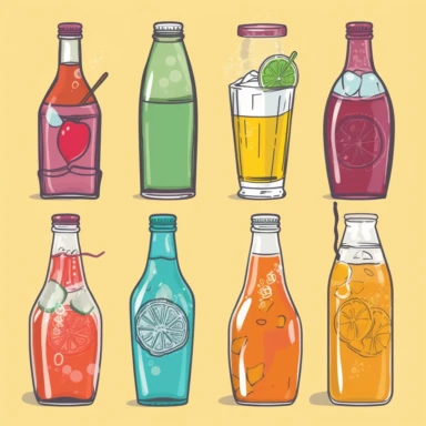 clipart designs featuring a variety of popular beverages, from soda and iced tea to cocktails and smoothies. The designs should be colorful and eye-catching, with each beverage presented in a unique way that highlights its distinctive characteristics. For example, the soda could be in a vintage-style glass bottle with bubbles fizzing up around it, while the cocktail in martini glass with a decorative garnish. The overall color scheme should be bright and playful, with colors like red, blue, and 