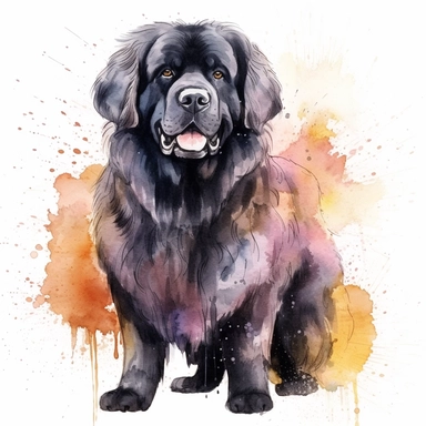 Dog breed Newfoundland big hairy black watercolor clipart