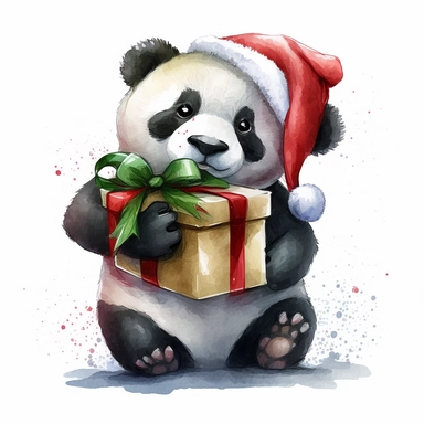 Cute and Happy Panda wearing a Santa hat and holding a Christmas present, Clipart. watercolor style, white background