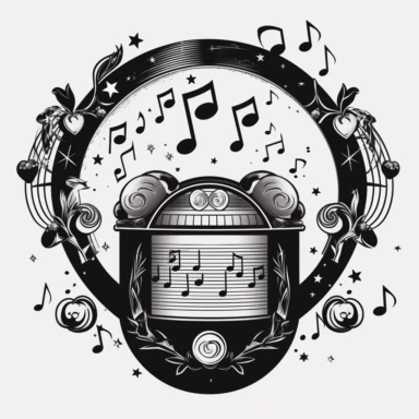 clipart with a beautiful jukebox and hearts in the centre. Beautiful, flat, classic style, black and white, round image border