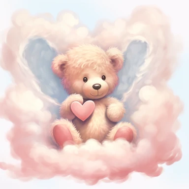 clipart, a whimsical illustration of a contented, loving and angelic baby teddy bear holding a love heart, surrendered by pink fluffy clouds, Use a smooth and light watercolor technique to give the artwork a dreamy and ethereal quality