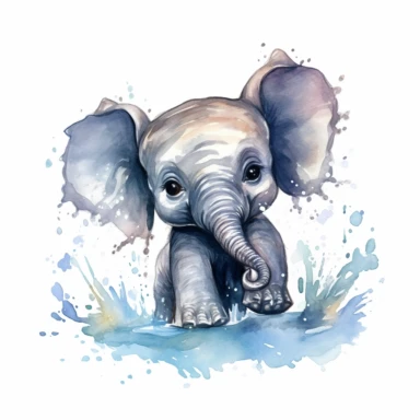 cute elephant calf, splashing joyfully in a river, bold watercolor, clipart, on a white background