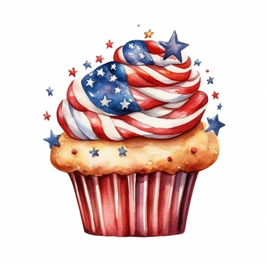 watercolor American flags cupcake, cartoon sticker, clipart, white background, hd, 32k