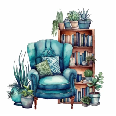 A boho style library corner with watercolor effect, boho furniture, details, boho colors, suitable for digital clipart, white background, boho style teal tones plants, on the white background, hd