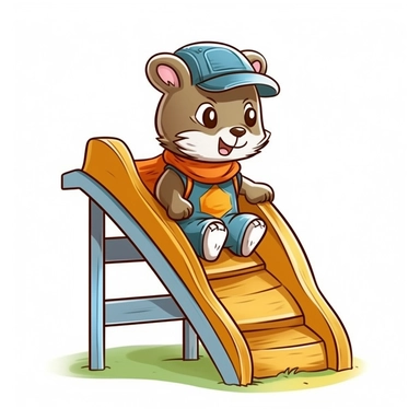 animal dressed as a school kid on a playground slide clip art vector, simple, thick cartoon lines, white background, anime style