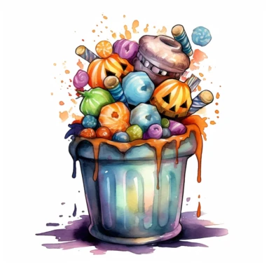 watercolor, candies in a halloween pot, sweet colors, clipart, white background , chaos 20