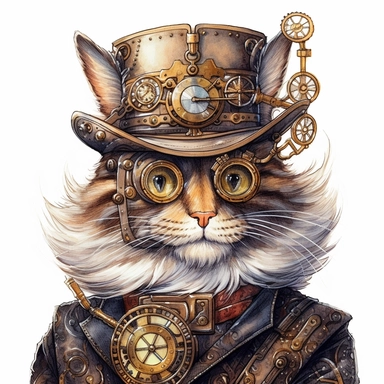 hyper-realistic Whiskers Through Time- Royal attire: Steampunk attire: Style the cat in a steampunk-inspired outfit, incorporating elements like goggles, leather accessories, and gears for a whimsical, retro-futuristic look, Cats in History Clipart, watercolor for sublimination, high resolution
