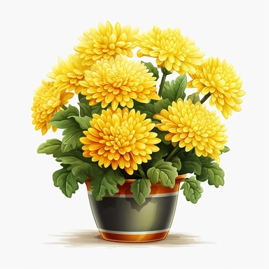 yellow Chrysanthemum, vibrant yellow, in a colorful pot, clipart, high quality, white background
