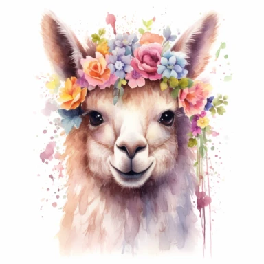 Illustrate an enchanting watercolor pastel Clipart of a lovable Llamas adorned with delicate flowers, presented in stunning 16k HD resolution and a wide-angle composition.