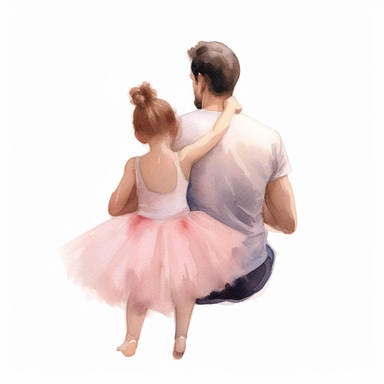 Watercolor illustration of father with his daughter wearing a pink tutu, showing the back side only, 2d asset, isolated cozy object on white background, warm cozy colors, white background, watercolor, hyperrealism, high detail, isolated elements, clipart