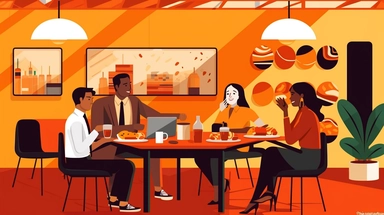 clipart of a scene of office workers eating lunch in an office breakroom, Alegria style, corporate memphis style, flat art, bold colors, upbeat, happy, expressive, friendly, high resolution, 8k