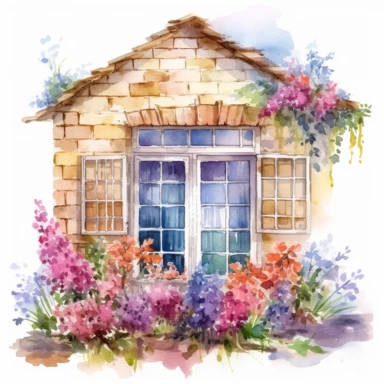 Watercolor spring window with flowers. Countryside summer house clipart white background