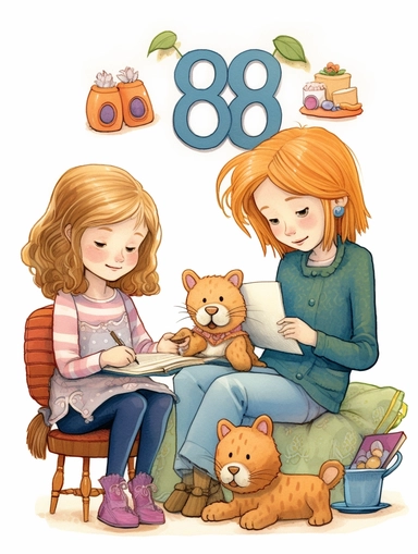 girl, 8 years old, reading a book, and woman, 30 years old sewing a stuffed animal, clipart style