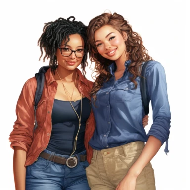 realistic illustration of two female african american friends standing very close to each other. Ladies are wearing denim jeans and a short top, belly is visible, modern look. Clipart, isolated on white background, 4K
