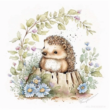 a cute happy baby hedgehog playing clipart in watercolor sketch, woodland animal, white backround,