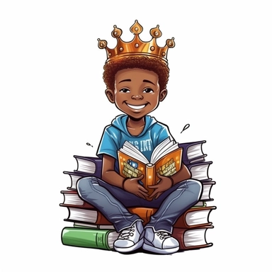 A happy young child wearing a crown and holding school books, looking cool and friendly, clothes as a King, sitting on a throne of books, vector style graphic, positive vibe, clipart, single design, white background
