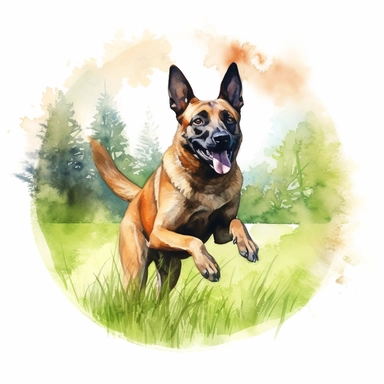 Energetic Belgian Malinois chasing a flying disc in a lush green meadow, with its tail wagging and a playful grin, white background, watercolor clipart.