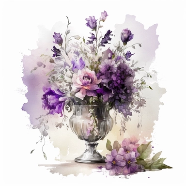 beautiful bouquet of purple flowers in crystal vase, romantic, shabby chic, ethereal. clipart style
