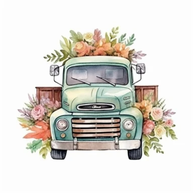 old vintage truck carrying full of flowers on the back, soft pastel color, watercolor style, Sublimation Clipart,hyper realistic, intricate detail, illustration style,high solution,on the white background