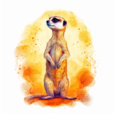 cute meerkat, standing on hind legs and gazing at the setting sun, a moment of serenity, earthy watercolor, clipart, on a white background