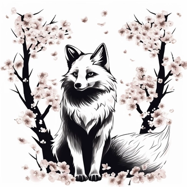 black and white fox with cherry blossom clipart