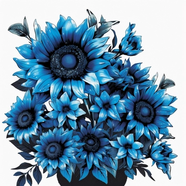 Behold a magnificent bouquet of blue sunflowers, their majestic petals dancing gracefully with hints of cerulean and azure hues. The contrast of their vibrant blue against the inky black centers captivates the eye and evokes a sense of wonder. With a whiteground in clipart