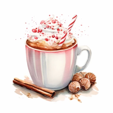 a watercolor nursery Christmas Sweets illustration clipart, a Hot Chocolate, clean background, white background, isolated on white