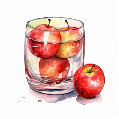 A clipart of An Apple endearing watercolor clipart of Apple playing with elements bowl juice glasses 300DPI