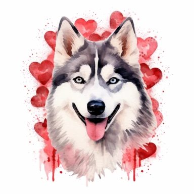 an adorable watercolor clipart image of a Siberian Husky dog surrounded by hearts with a white background