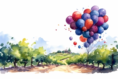 Watercolor, Illustrate a peaceful vineyard with balloons floating above the grapevines. clipart, hd, on a white background, spaced out