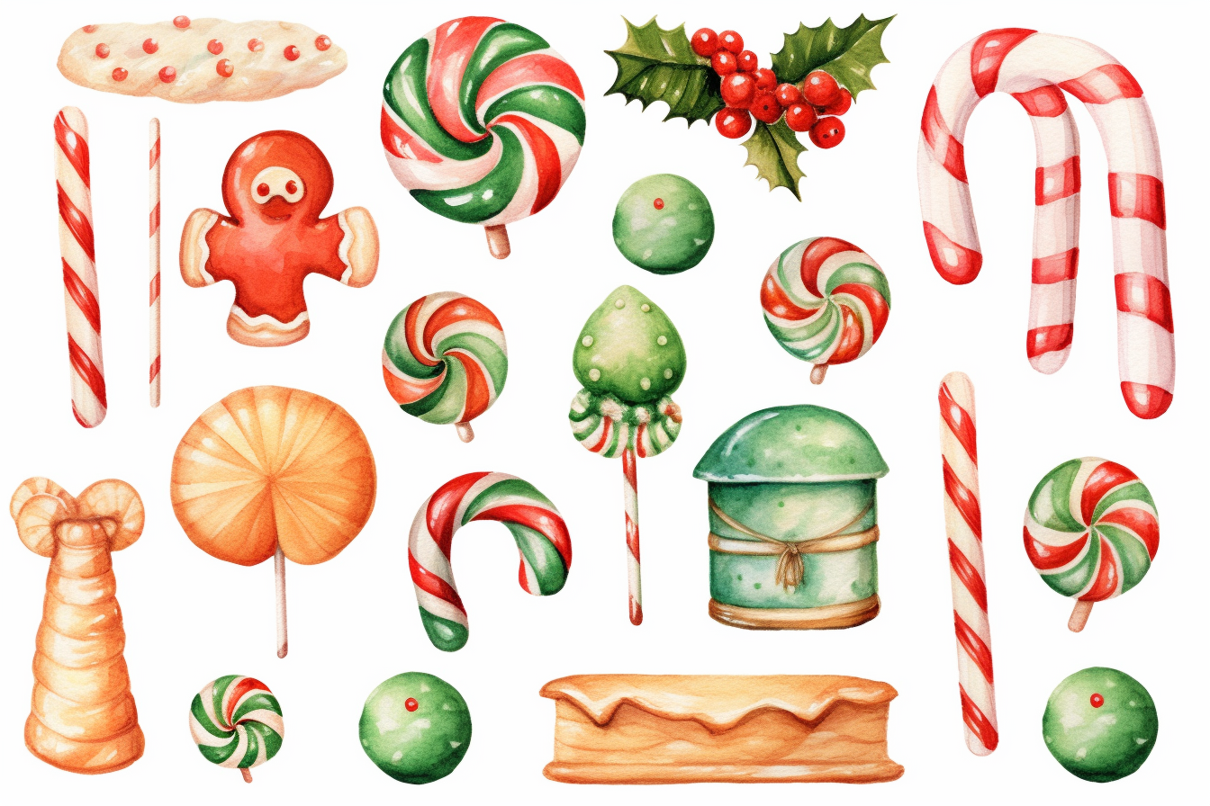 watercolour of a variety of Christmas Candies and cookies. Red and ...