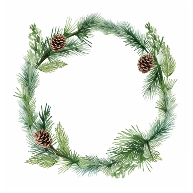 Watercolor Christmas spruce branches circle wreath. Fir, green branches, cone. Winter clipart. Elegant wedding frame. White background