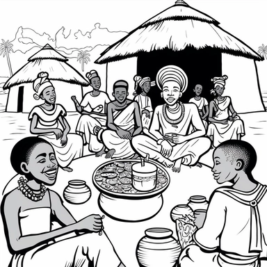 7 male deities and female african tribale dieties smiling laughing and sharing assorted food in large bowls amongst themselves, in the middle of a courtyard surrounded by huts, rural background, dirt road floor, coloring page for adults, no color, risp lines, coloring pages for adults, think lines,clipart, vector, full body, no shading, full body, realistic, 4k, detailed, insanely detailed and intricate