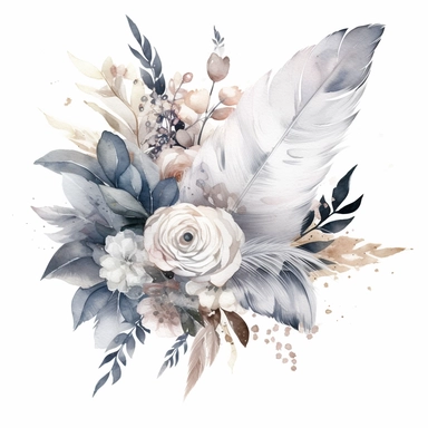 Watercolor dusty greay and white feathers bouquet clipart white background no text wedding style thick outline eligible for transparent background