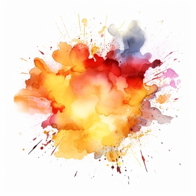 a white background with a colorful drawing of a yellow and orange and gold foil watercolor splatter, in the style of dreamy symbolism, cloudcore, free brushwork, flickr, colorful explosions, aquarrellist, watercolour, clipart, isolated image, white background