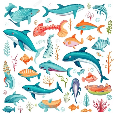 ocean animals clipart with marine animals, dolphins and sharks, in the style of toyen, aquamarine, scrapbook, foampunk, furaffinity, colourful