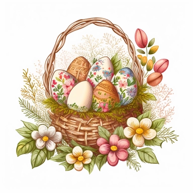 funny drawn sketch easter eggs with romanian traditional pattern in a a basket with flowers on white background, artistic painting, easter spring scene, add some spring leaves, add some flowers, add some rabbits and butterflies, pink sgades, watercolor, clipart, 2d, sketch style, no text