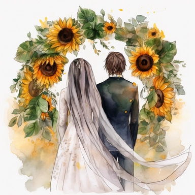 watercolor The middle circle of newlyweds with their arms around in the park. back view Bridal veil with Sunflowers flowers and leaves adorning her hair. hair up with flowers vividly bold designs png realistic cartoon in 32K UHD cute. 15 cm thick outline. Black color. There was no shadow on the ground. 8k with realistic watercolors. and detailed illustrations. PNG clipart, transparent white background