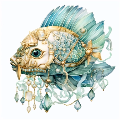 watercolor clipart featuring sea fish, in the style of realism with fantasy elements, exquisite clothing detail, light gold and aquamarine, elaborate beadwork, uhd image, pictorial dreams, surreal illustration