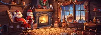 Tourism Illustration. Create an illustration depicting a cozy, warm, and inviting indoor scene during Christmas. The central figure should be a cheerful Santa Claus sitting comfortably in a plush chair, with a warm stove in the foreground. Surrounding Santa, add details like cozy couches, a decorated Christmas tree, and stockings hung by the fireplace to evoke a sense of holiday cheer. The style should be detailed and vibrant, with a color palette dominated by traditional Christmas colors like r