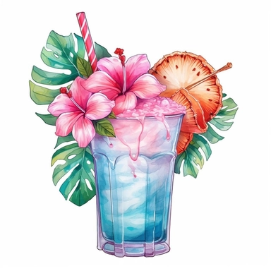 Pastel Cute Beautiful Hawaii Drinking tropical flower Watercolor Sublimation Clipart,Cartoon, hyper realistic, intricate detail, illustration style,high solution,on the white background