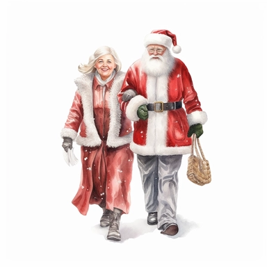 watercolor hyper realistic vintage happy classic full body Santa Claus in Santa-suit with Mrs. Claus clipart, Santa and wife Mrs. Claus, photorealistic, realistic full body style, detailed watercolor style, on white background