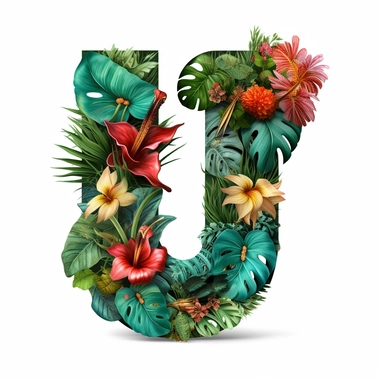 clipart, white background, letter U, tropical giant realistic leafs Alphabet Clipart
