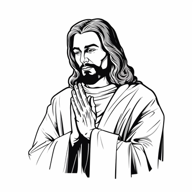 Jesus Christ, Cartoon Line art, praying, clipart style, solid white background