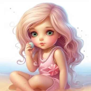 clipart of super cute baby girl in the beach white background full body, charming anime characters Thomas Kinkade Nadja Baxter Anne Stokes Nancy Noel